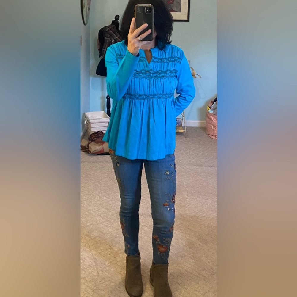 Ivy Jane smocked blouse, turquoise and black